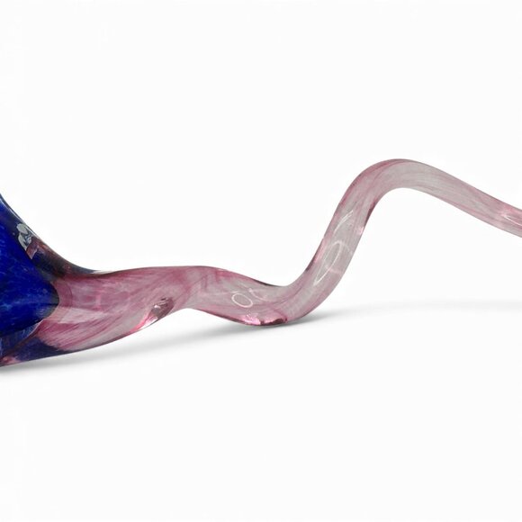 Studio Art Handblown Glass Flower Sculpture With Pink Curl Stem & Blue Bloom 14" - Picture 6 of 8